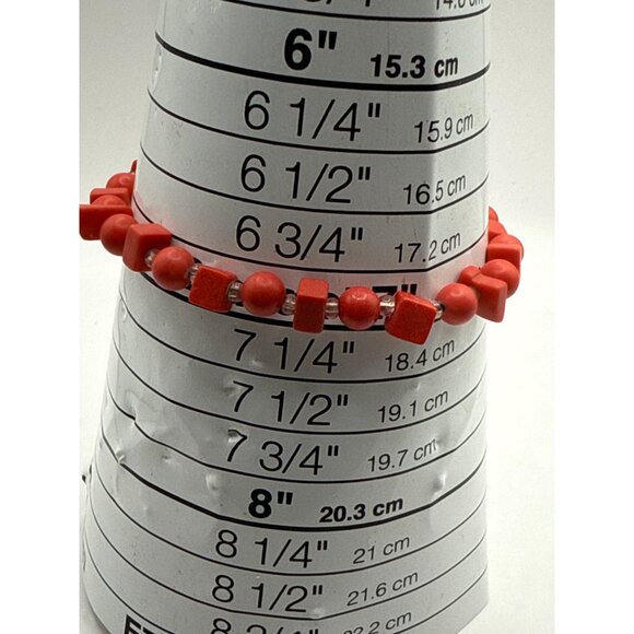 Red Coral Beaded Stretch Bracelet With Magnetic Clasp & Clear Accent Beads - Picture 3 of 6